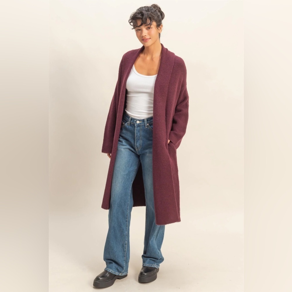 NEW Double Zero Dark Cherry Longline Duster Cardigan Open Front Sweater Medium